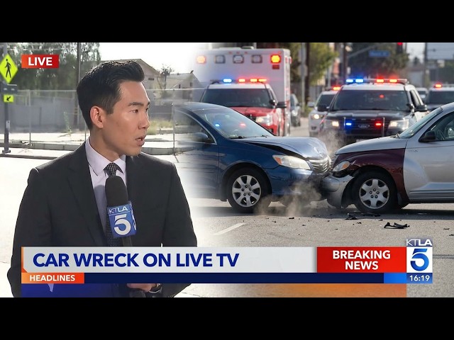 KTLA live shot on hit-and-run interrupted by car wreck