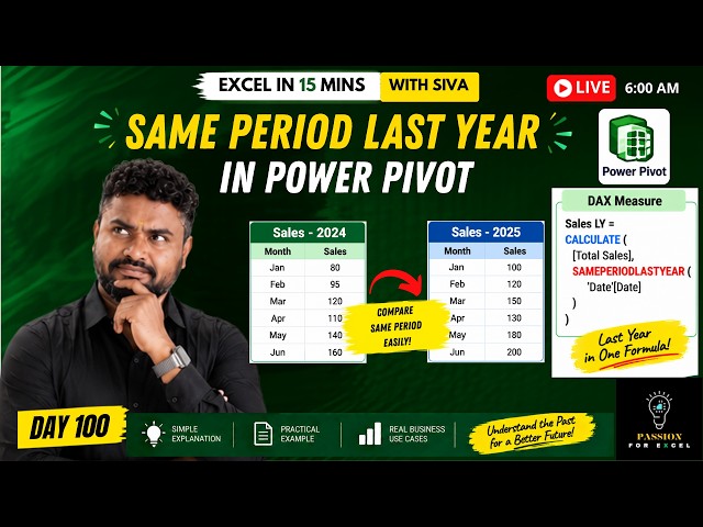 📊 SAMEPERIODLASTYEAR in Power Pivot (Tamil) | Excel in 15 Mins with Siva | Day 100