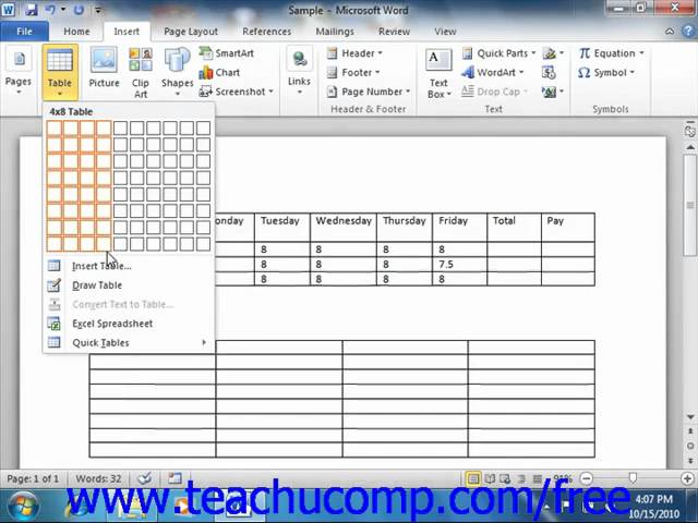 Word 2010 Tutorial Creating Tables Microsoft Training Lesson 16.2