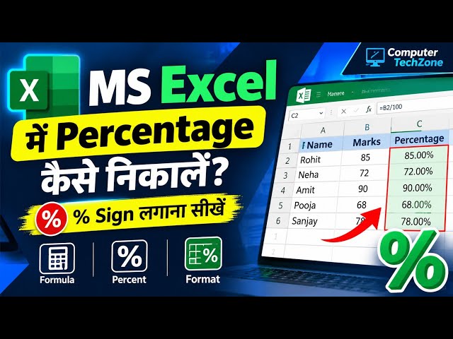 MS Excel में Percentage कैसे निकालें? | % Sign लगाना सीखें | Excel Percentage Formula