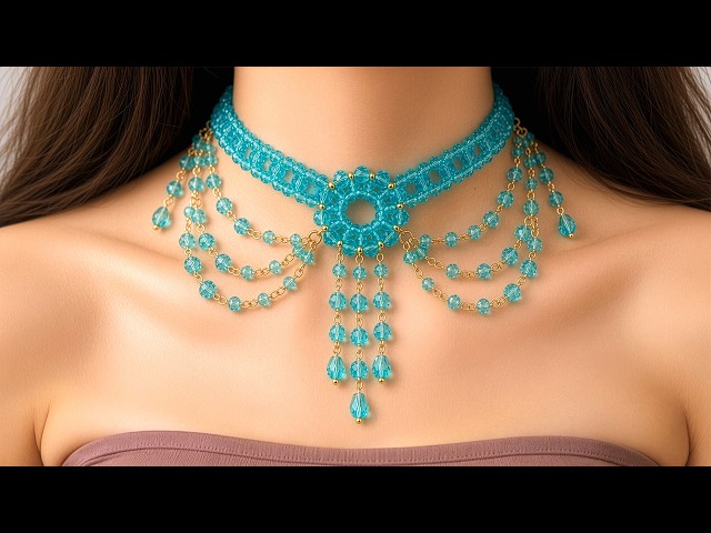 How to Make a Necklace with Beads and Wire?! 💎 DIY Blue Crystal Beaded Choker Necklace Design!