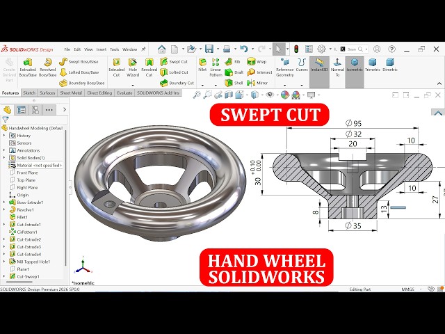 Handwheel Modeling in SolidWorks (Swept Cut Feature)