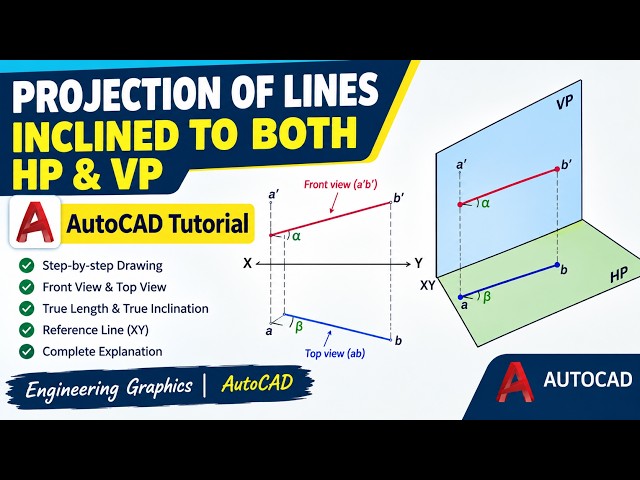 Projection of Lines Inclined to Both HP & VP | AutoCAD Engineering Graphics Tutorial