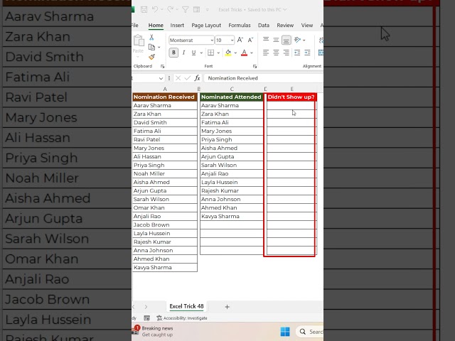 Excel Trick 48 - How to compare two lists and find the missing entries #shorts  #exceltricks