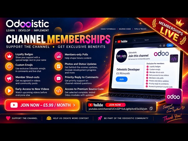 Odooistic Channel Memberships Are Live! | Premium Odoo Tutorials, Source Code & Real Projects
