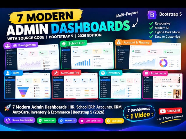 7 Premium Admin Dashboards in One Video 🚀 | HR, School ERP, Finance, CRM, Inventory | Bootstrap 5