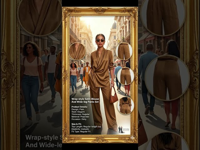 Wrap-style Satin Blouse and Wide-leg Pants Set: The Epitome of Fluid Luxury