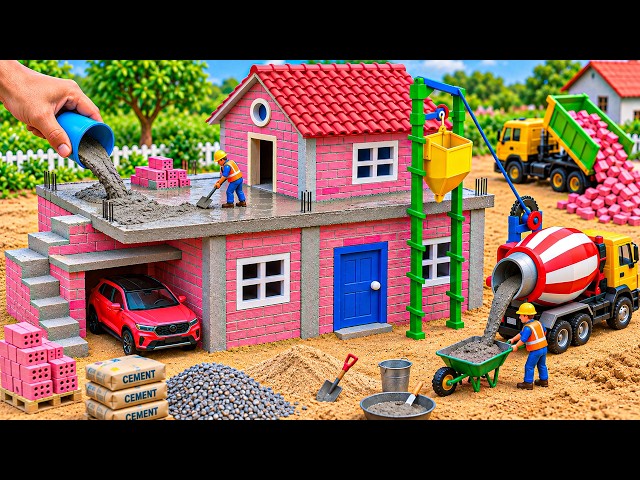 DIY Mini Tractor Builds Pink Brick House with Metal Mixer | Construction Science Project