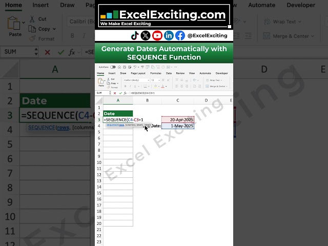 Excel Trick# 22 - Generate Dates Automatically with SEQUENCE Function   #shorts #excel