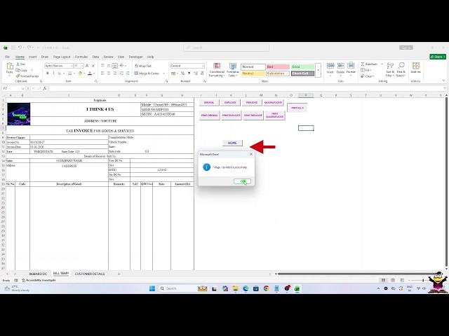 Excel Billing Magic: Print 4 Invoice Copies with ONE Click! 🖨️✨ V11