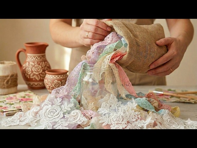 Just glue, lace scrap and pains. Imitation ceramics. DIY