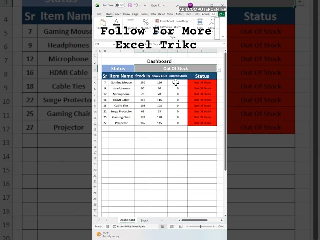 Excel Dashboard Filter Formula 📊 | Out Of Stock List in One Click #excel #exceltips #excelformula
