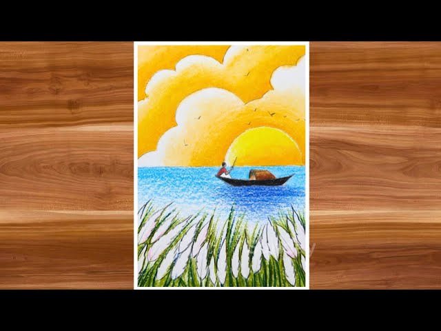 Autumn scenery drawing/Riverside Autumn Sunset Village scene drawing with boat