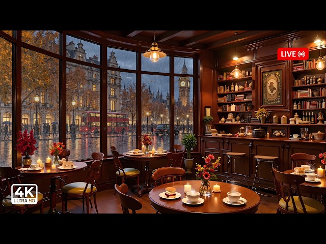 Autumn Coffee on a Rainy Night 🌧️ Soft Jazz & Warm Fireplace for Reading & Relaxation