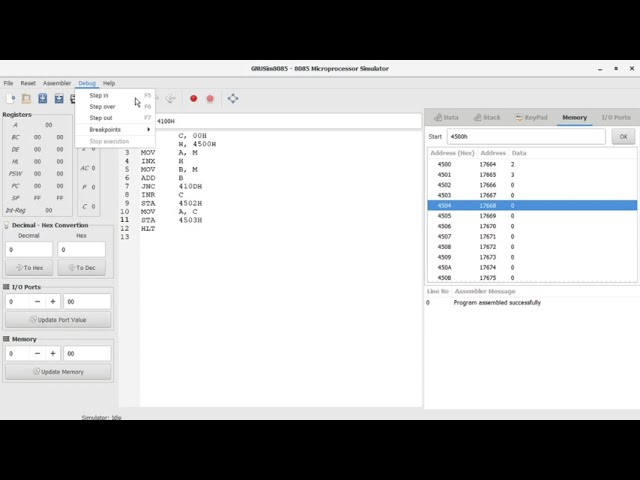 How to EXECUTE a program step by step in GNUsim8085