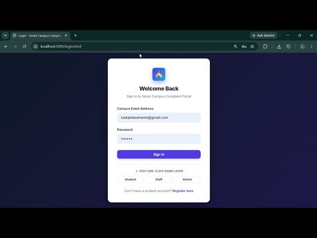 Smart Campus Complaint Management System | HTML CSS JAVA SCRIPT NODE.JS  POSTGRESQL