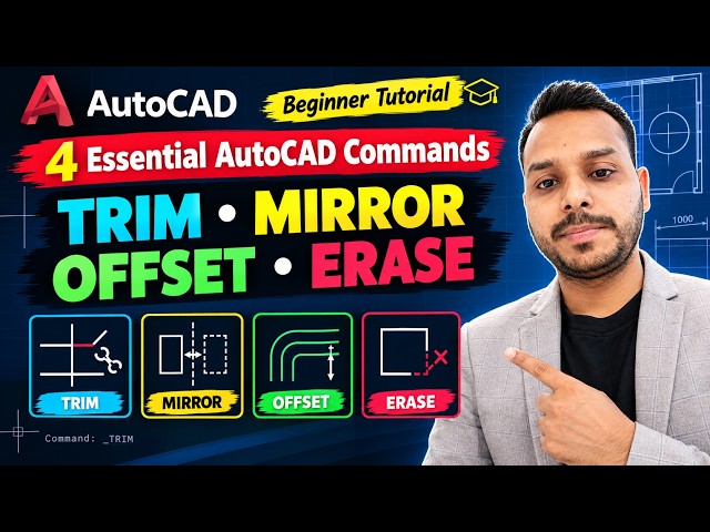 How to Use TRIM, MIRROR, OFFSET & ERASE Commands in AutoCAD | Beginner Tutorial