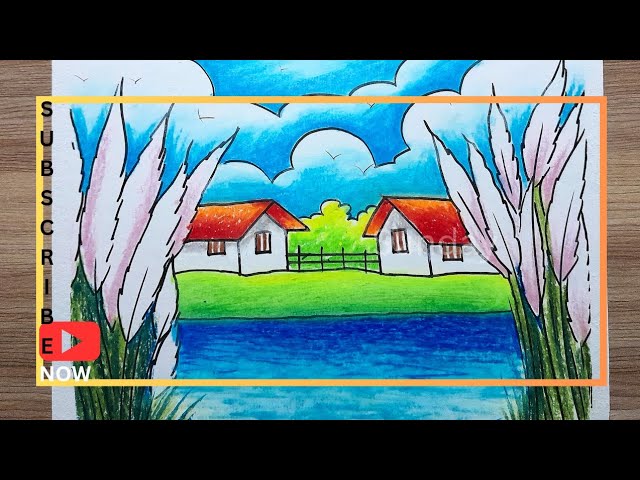 Beautiful riverside autumn village scene drawing/autumn scenery drawing/শরৎকালের দৃশ্য ড্রয়িং