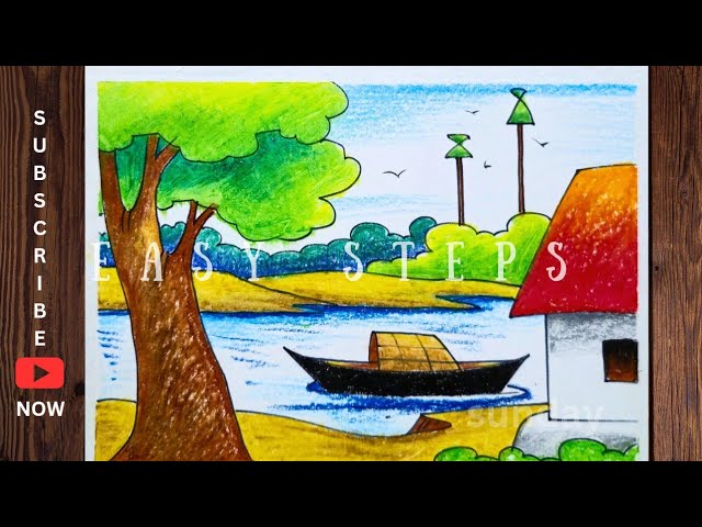 how to draw a village scenery drawing-oil pastel for beginners/landscape drawing/scenery drawing