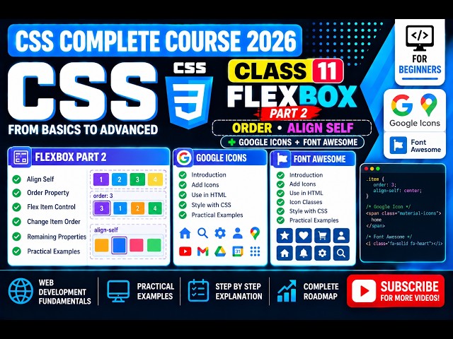 CSS Complete Course 2026 | Class 11 | Flexbox Part 2, Order, Align Self & CSS Icons | Urdu/Hindi