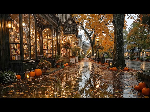 Quiet Rainy Bookshop Street in Autumn 🍂Deep & Calm Jazz | Rain Sounds for Work, Reading & Deep Focus