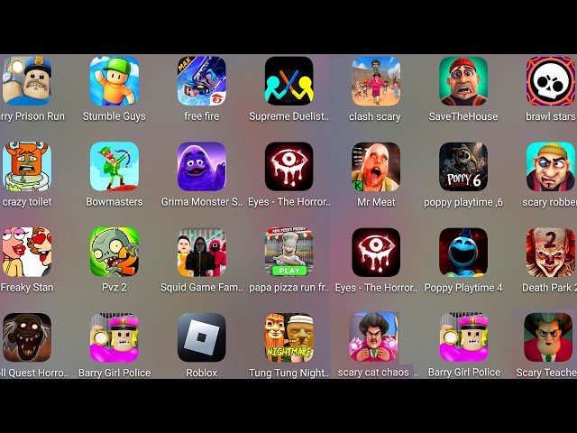 Grimace Monster Scary Survival,Poppy Playtime 6,Scary Robber,Run From Papa Pizza's,Eyes The Horror..