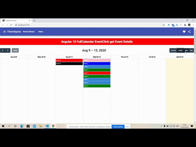 Angular 10 FullCalendar EventClick Working Functionality
