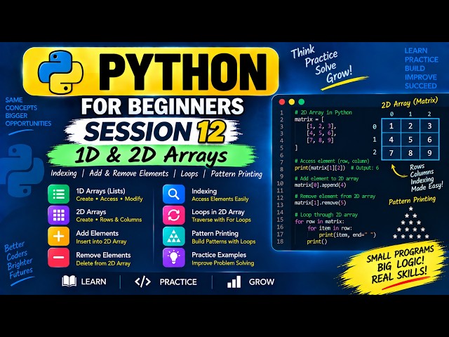 Python session - 12  | 1D & 2D Arrays | Indexing, Loops & Pattern Printing