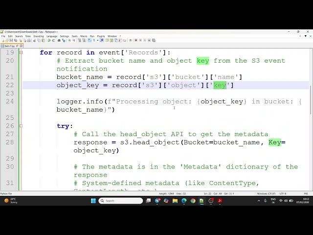 Lambda function to read file metadata when an object is uploaded to S3