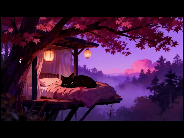 Moonlight Treehouse Sleep 🌙 Lofi Cat | Deep Relaxing Music [Foggy Forest & Cozy Lanterns]