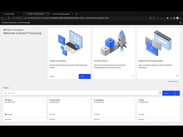 Event messages are processed using IBM Event processing and then fed to a message queue.