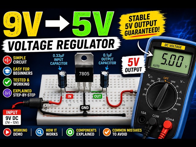 9V to 5V Voltage Regulator Circuit Using 7805 ⚡ | Easy Electronics Project
