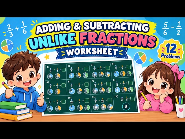 Adding & Subtracting Unlike Fractions Practice | 12 Mixed Problems Worksheet 🍕