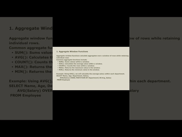 Window Function Short Aggregate Function with example  #education #sql