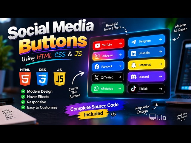 Social Media Buttons Using HTML CSS JavaScript | Modern UI Design Tutorial