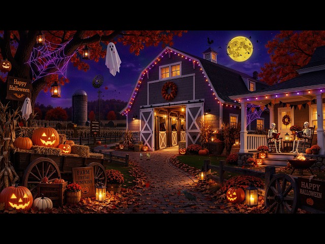 A Halloween Night Down at the Haunted Farmhouse 🎃 Scary Jazz, Fireplace Crackles & Falling Leaves