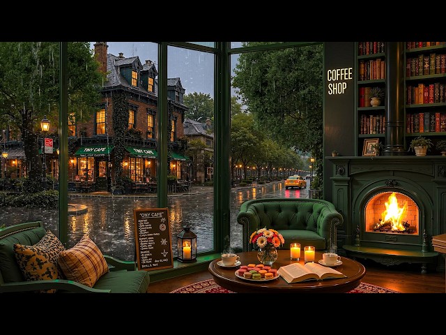 Rainy European City Jazz Café ☕Soft Jazz Music with Focus Rain & Crackling Fireplace for Deep Night
