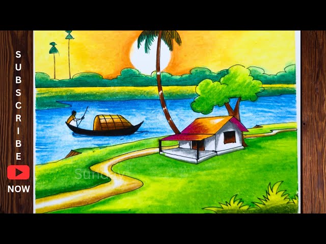 River side sunset village scene drawing/Beautiful River side village scene drawing with boat