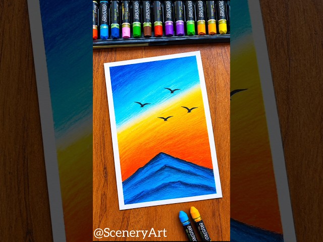 🌄 Sunset & Mountains Drawing |Oil Pastel Art Tutorial #shorts #shortvideo
