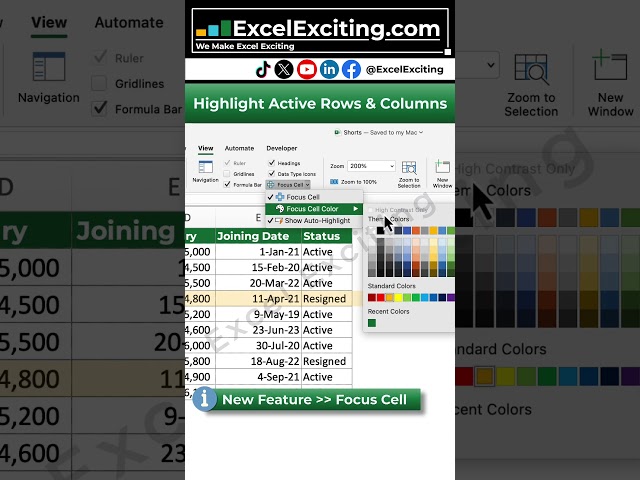 Excel Trick# 18 - Focus Cell in Excel Never Lose Track of Your Active Row or Column #shorts