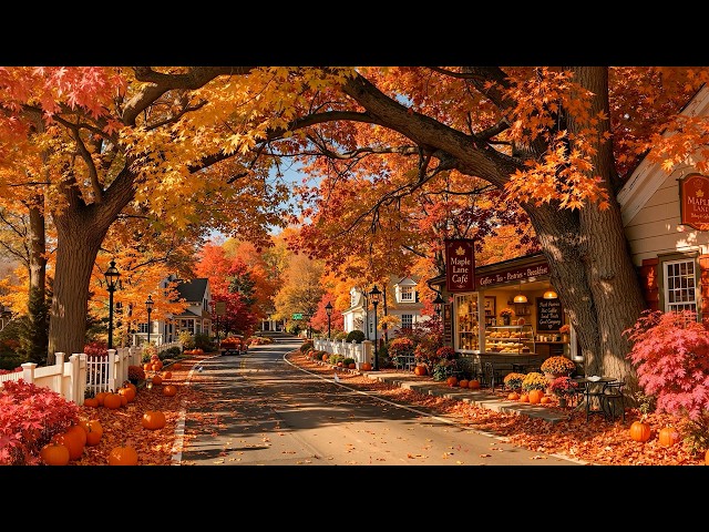 Golden Autumn Morning at a Small Town Café 🍂 Warm Jazz, Falling Leaves & Pumpkins for a Calm Start ☕