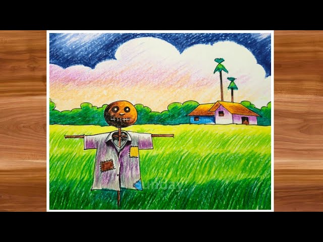 Village scene with scarecrow drawing/Scarecrow scenery drawing/village scene drawing/দৃশ্য আঁকা