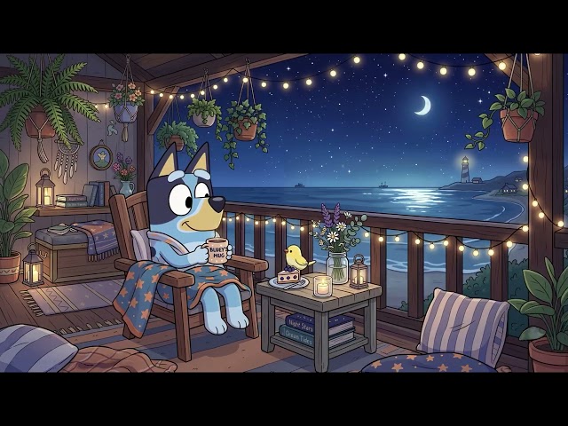 Cozy Night With Bluey by the Ocean 🌙  Soft Lofi Beats, Warm Lights & Relaxing Ambience