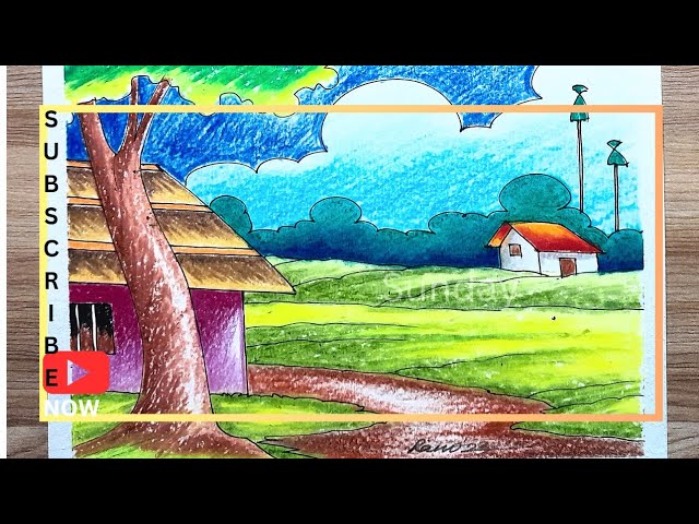 how to draw a beautiful village scenery drawing-oil pastel/scenery drawing/easy landscape drawing