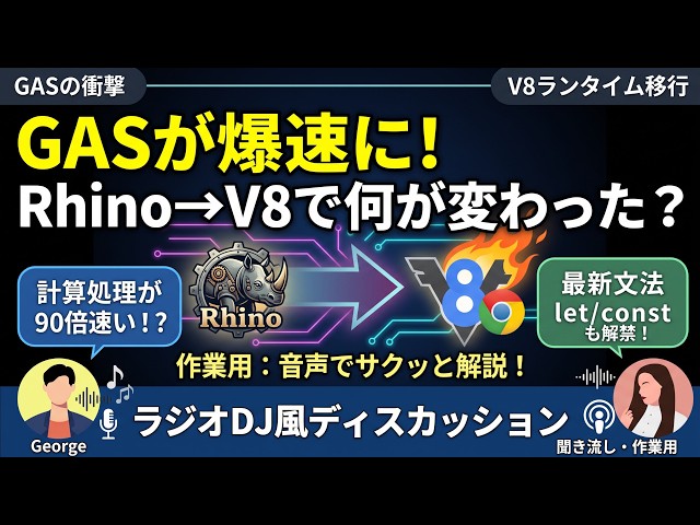 【作業用・聞き流し】GASのパフォーマンス改善の秘密！？JavaScriptエンジンのRhinoからV8への載せ替えで何が変わったのか！ラジオDJ風ディスカッション