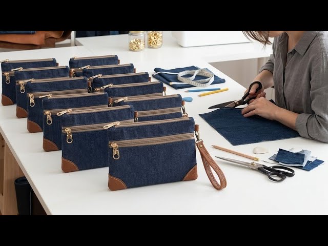 🧵How to make a wallet with two zipper in 12 minutes:DIY Denim Zipper Pouch Making🧵