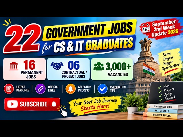 22 NEW Govt Jobs for CS/IT | 3000+ Vacancies | Freshers | Permanent and Contractual | September 2026