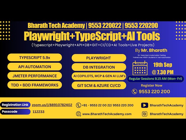 New Morning batch(9.15AM) on Playwright with Typescript along with GenAI Starts from Sep 19th 7.30PM