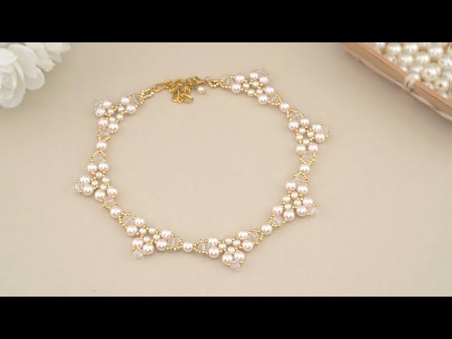 DIY Crystal Pearl Choker Necklace | Beading Tutorial with Pearls, Crystals, Gold Seed Beads & Thread