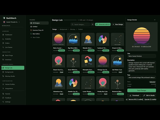 BashMerch Tutorial: Design Lab — Library, Folders and AI Generation